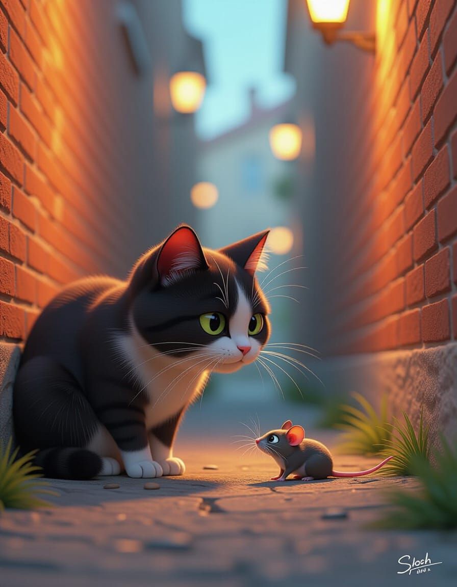 Cat Stalks Rat in Cozy Alley, Pixar Style