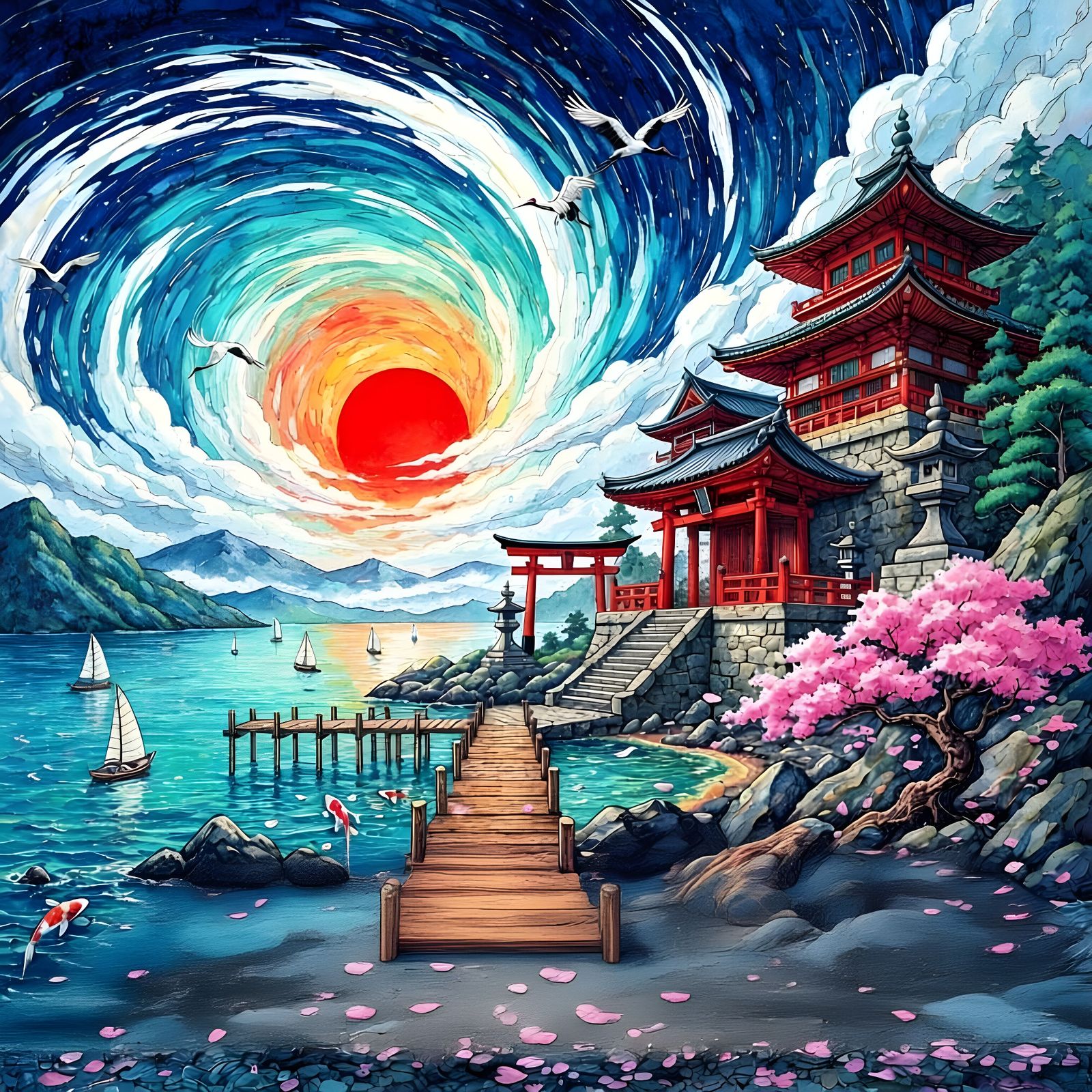 Vibrant Japanese Coastal Scene Emerging from a Book
