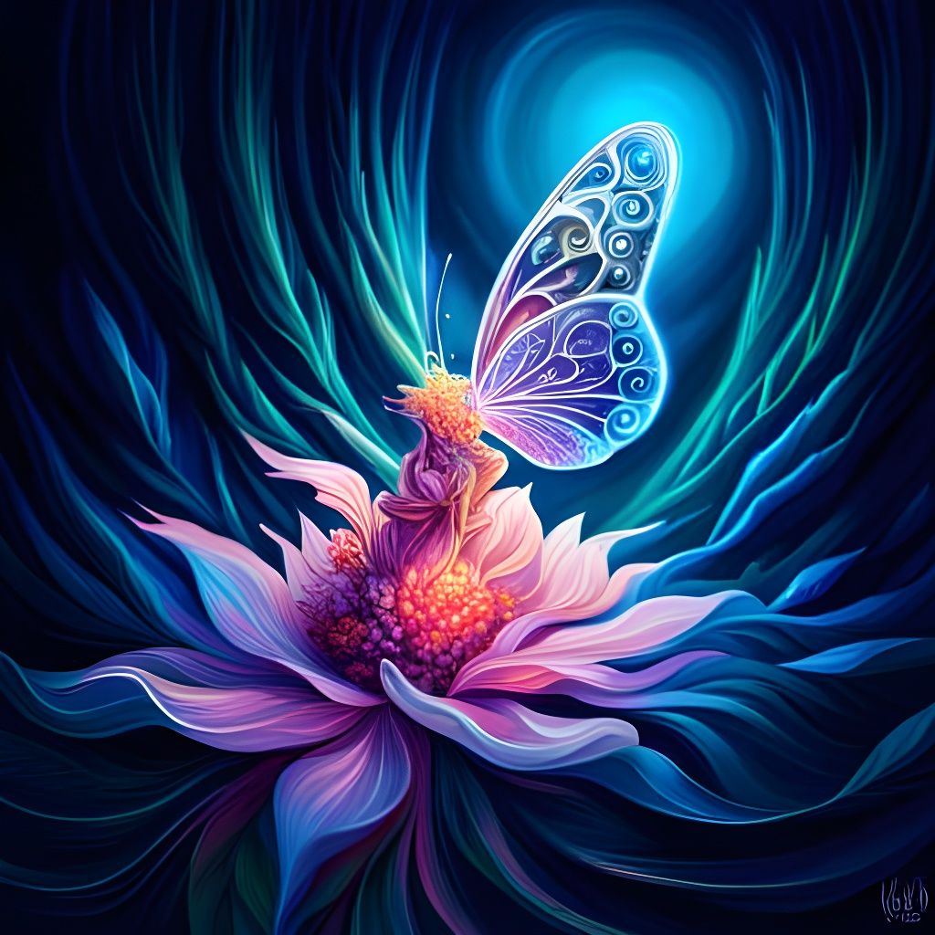 Luminous Crystallized Butterfly on Flower, Digital Art