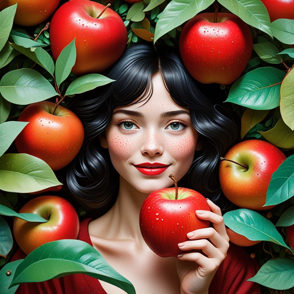A Whimsical Woman Hides Behind a Vibrant Apple in a Playful ...