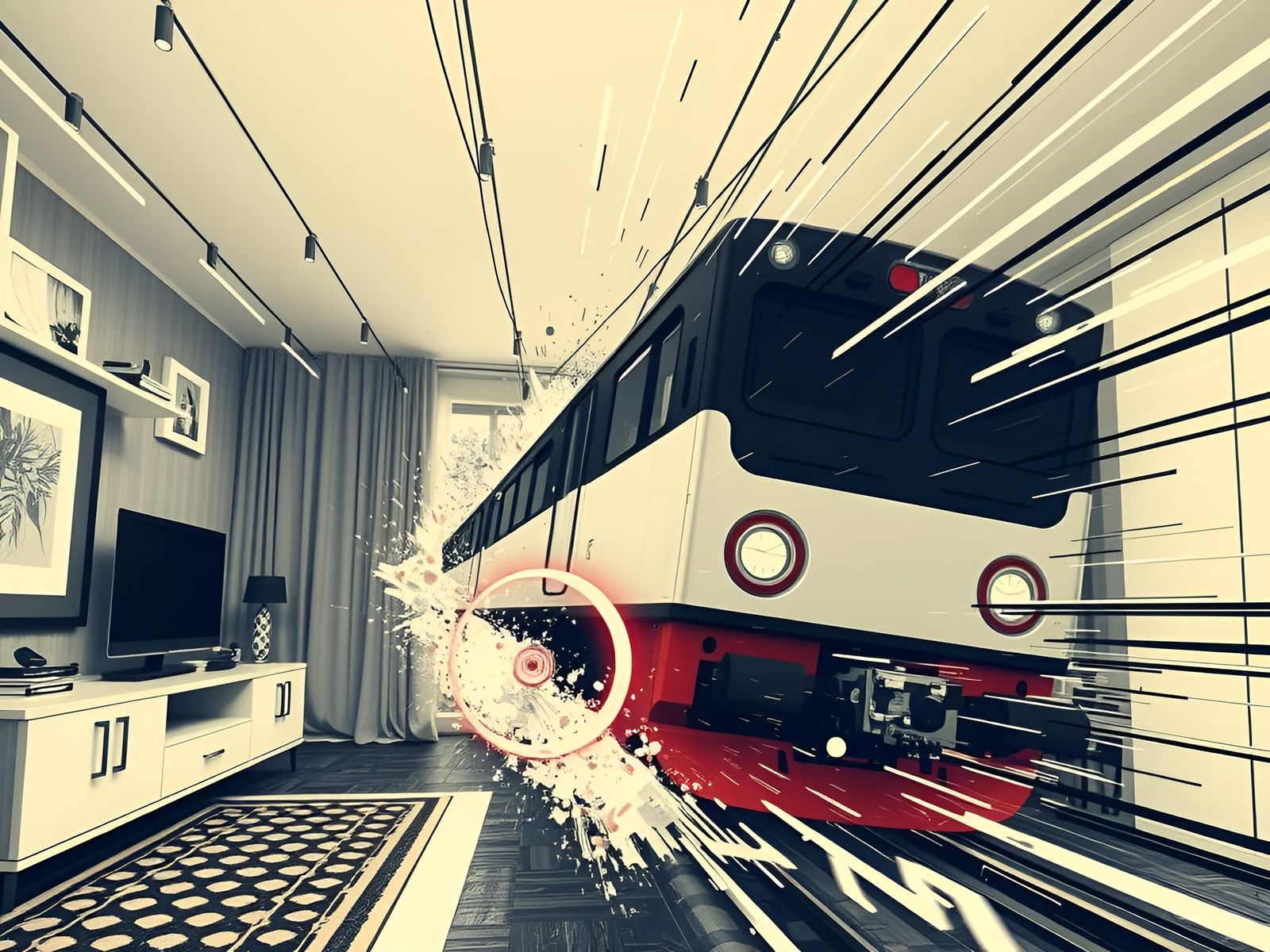 RetroFuturist Locomotive Crash in Modernist Style