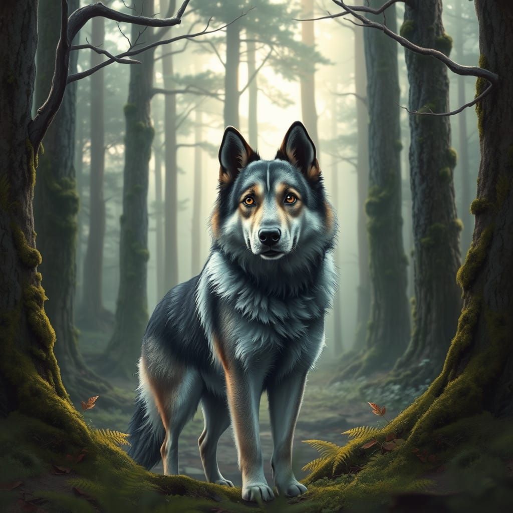 Norwegian Elkhound in Nordic Forest, Gray Fur, Alert Stance