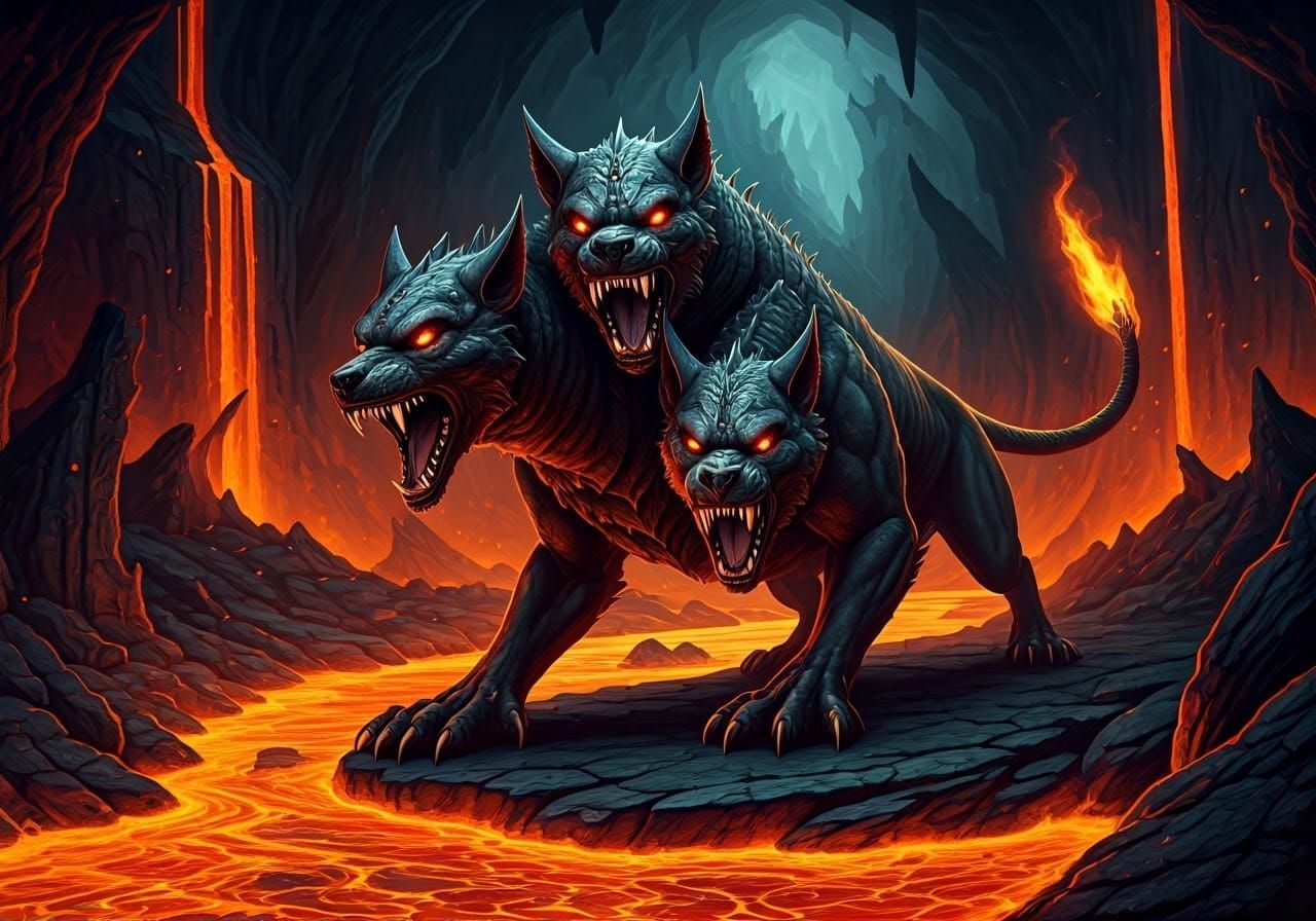 Gigantic Cerberus Guards Fiery Underworld River