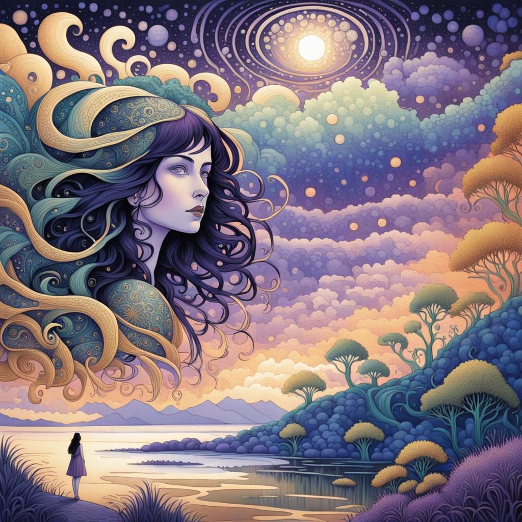 Woman in Twilight Landscape, Art Nouveau Style