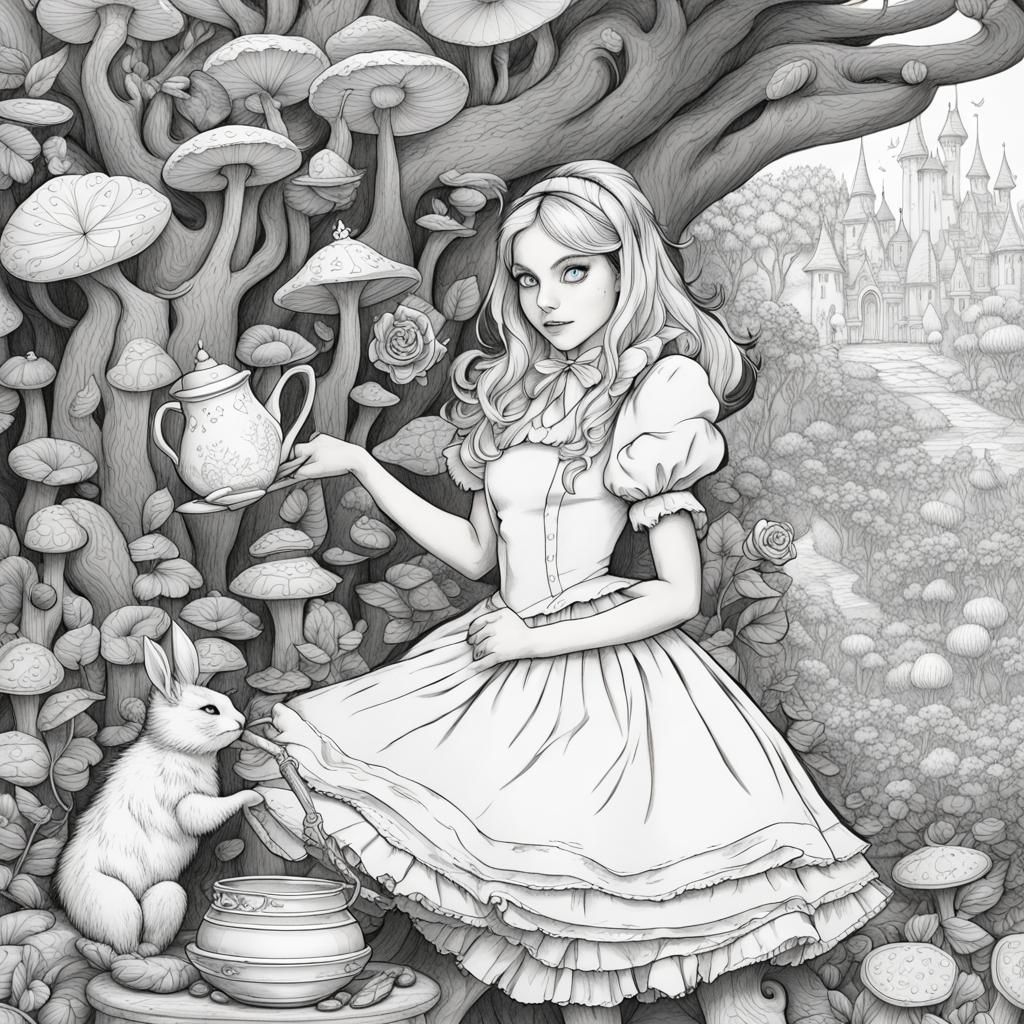 Alice in Wonderland Coloring Page: Detailed Digital Art