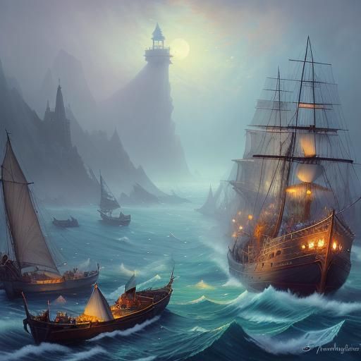 Ethereal Ship Sails Bitter Ocean in Fantasy Art Style