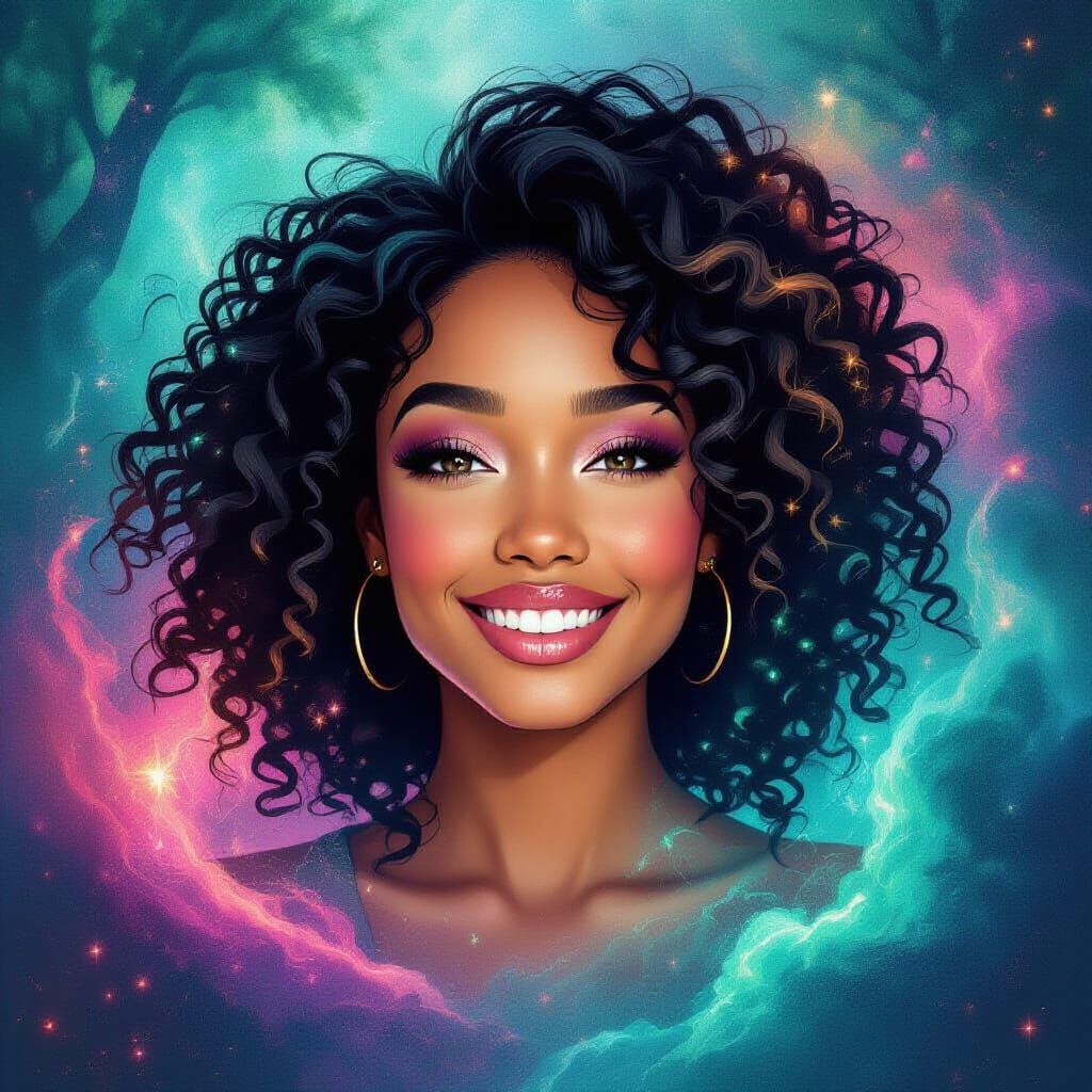 Double Exposure Portrait: Woman, Forest, and Galaxy