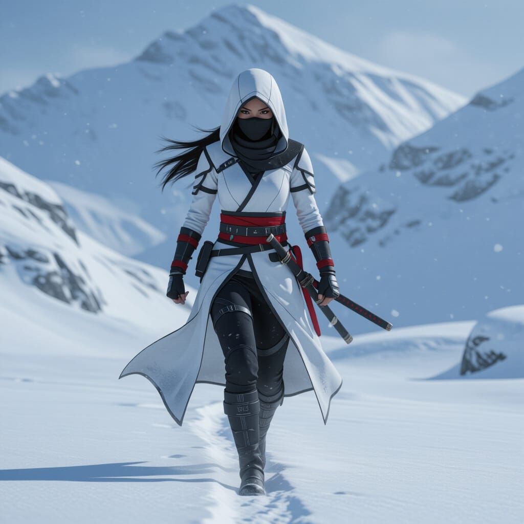 Ninja in Snowy Mountain Pass, 8K Cinematic Scene