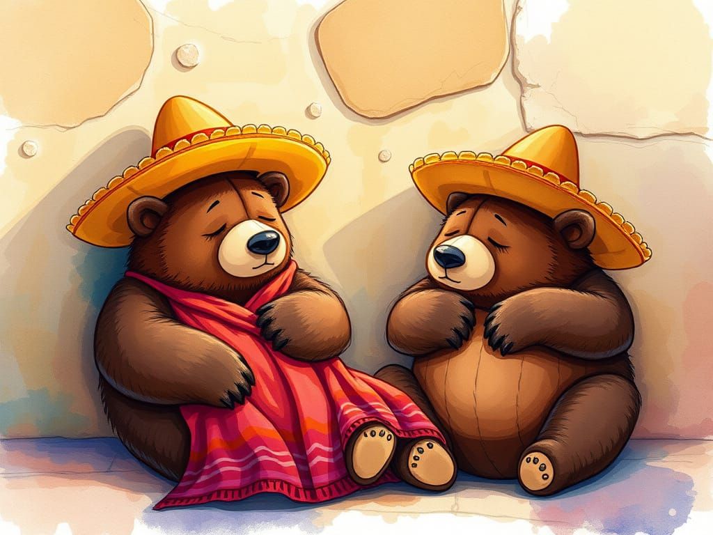 Bears Napping in Sombreros: Watercolor Illustration