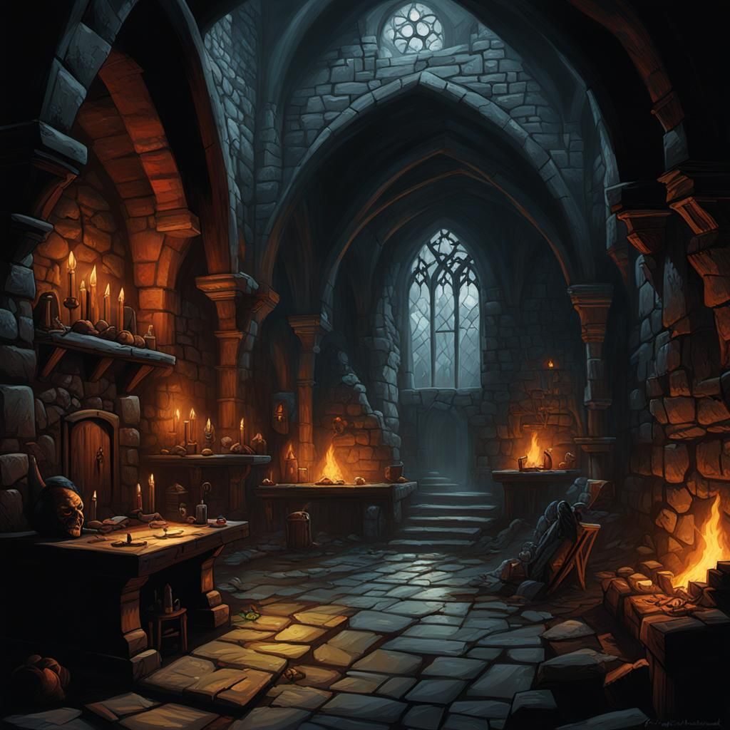 Sinister Medieval Lair in Fantasy Illustration Style