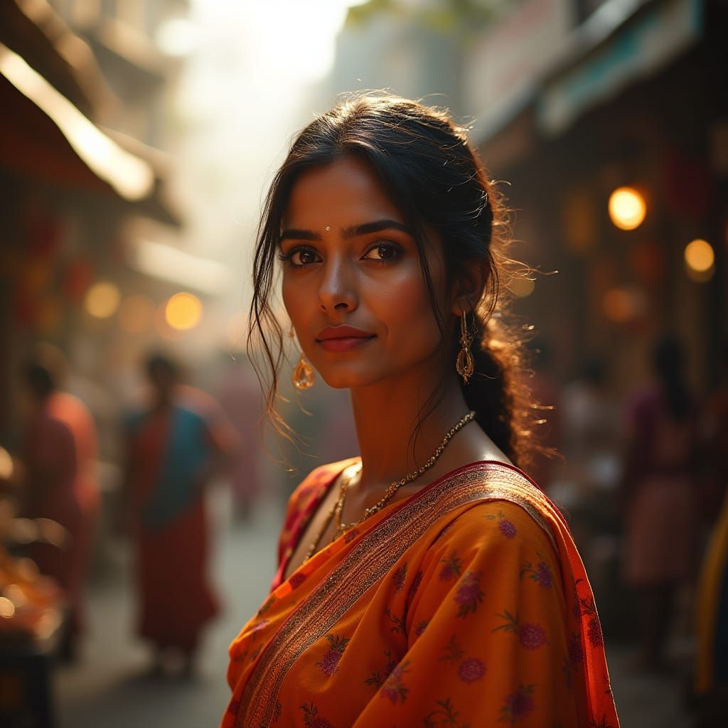 Indian Woman in Vibrant Street Scene
