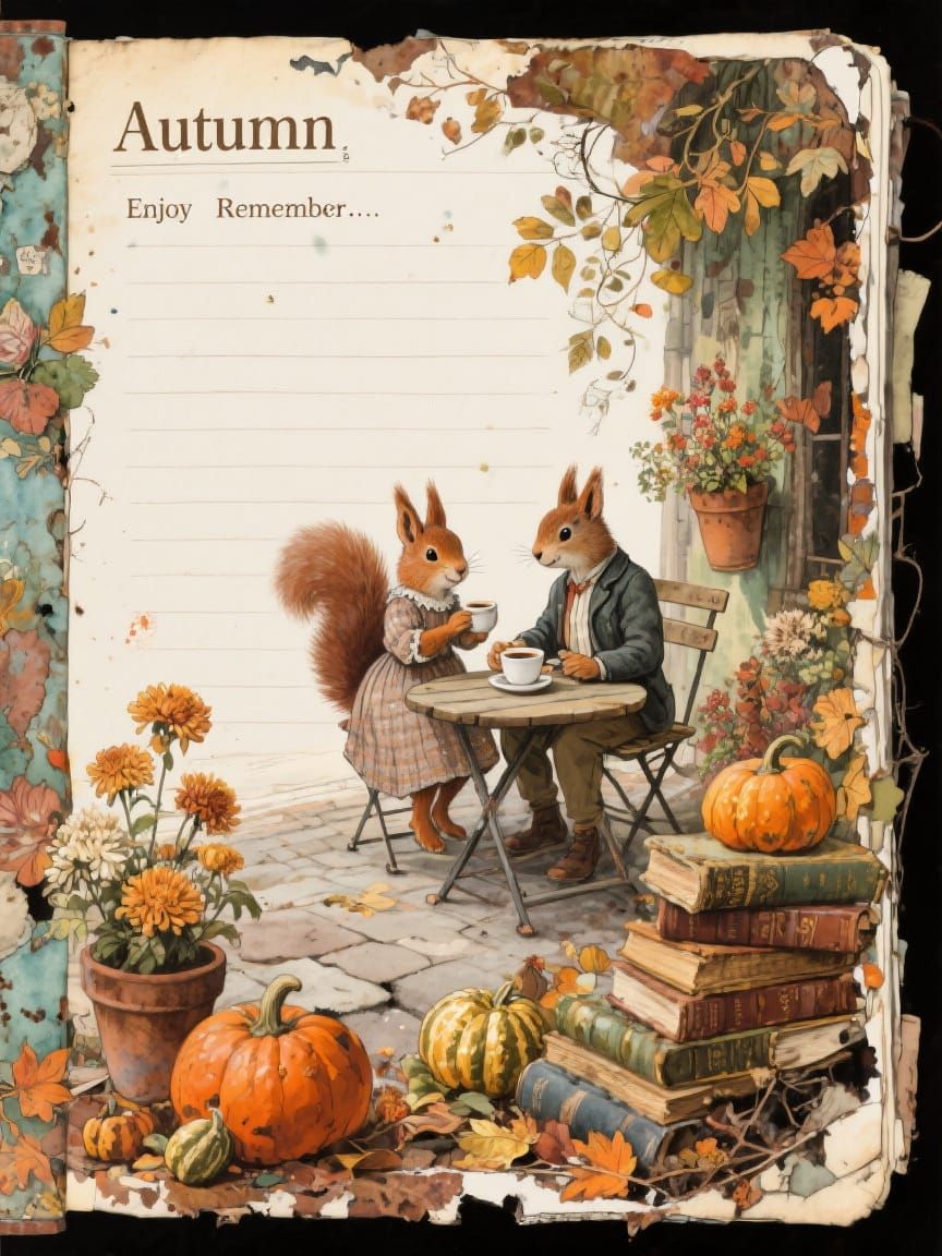 Squirrels at Autumn Cafe on Junk Journal Page