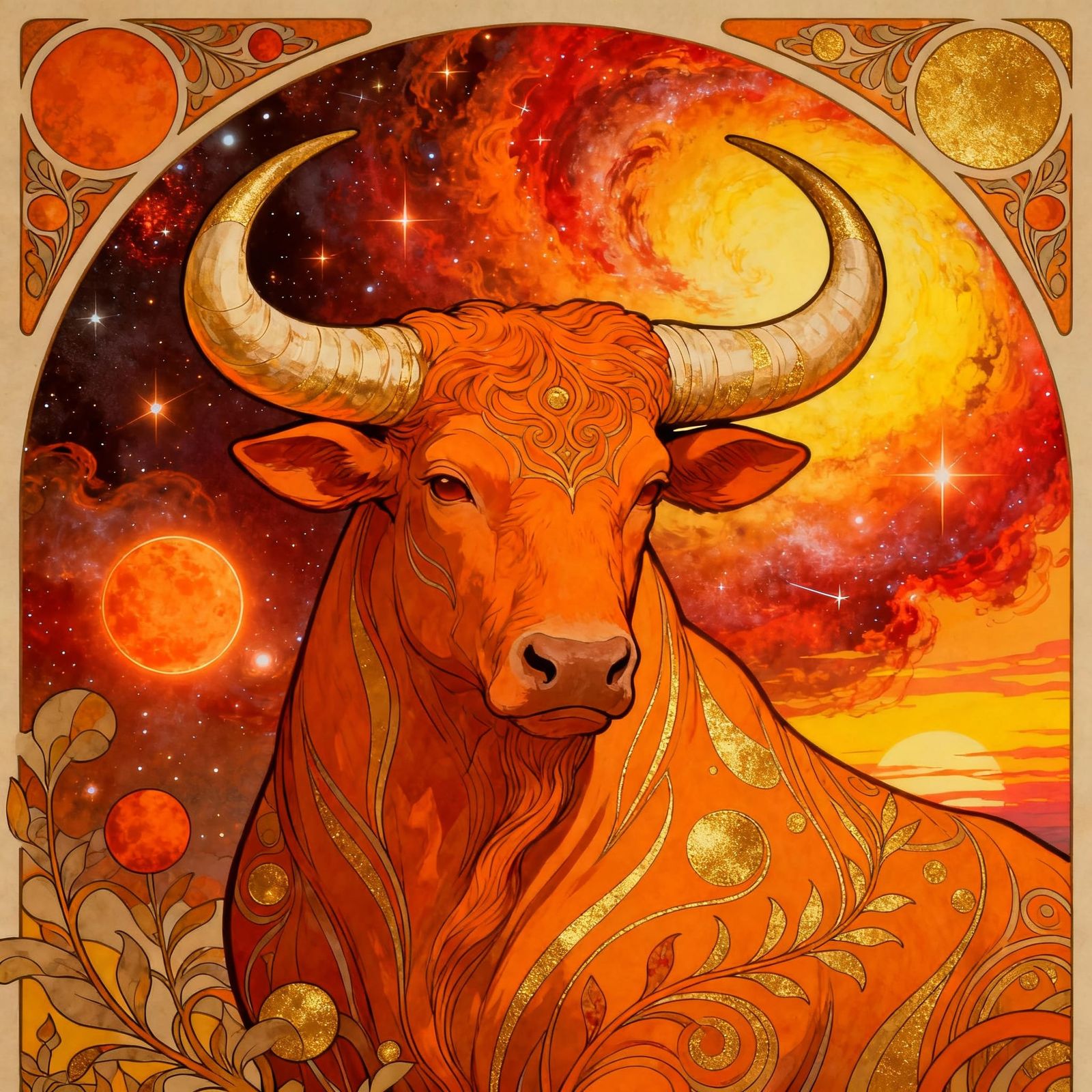 Taurus Zodiac Sign in Art Nouveau Style with Orange and Gold