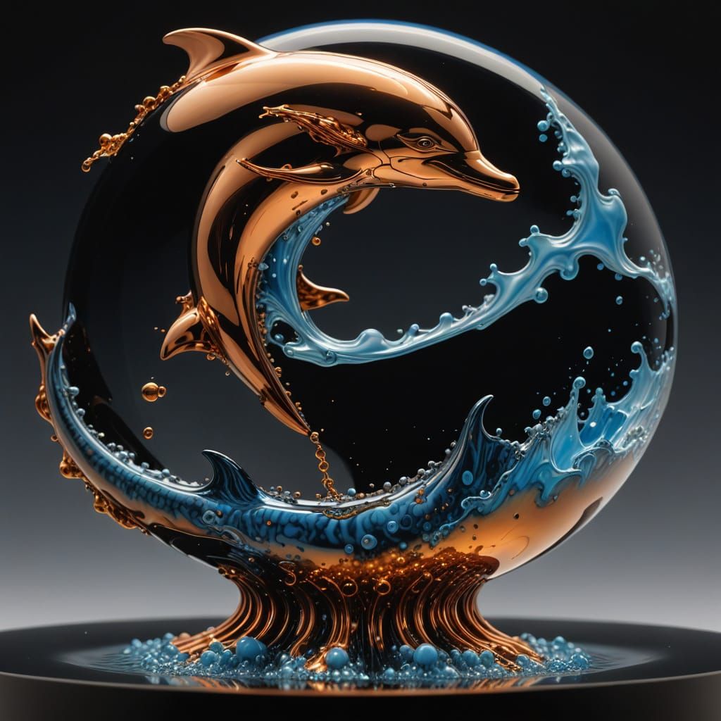 Molten Dolphin Reaching for Clouds in Ferrofluid Style