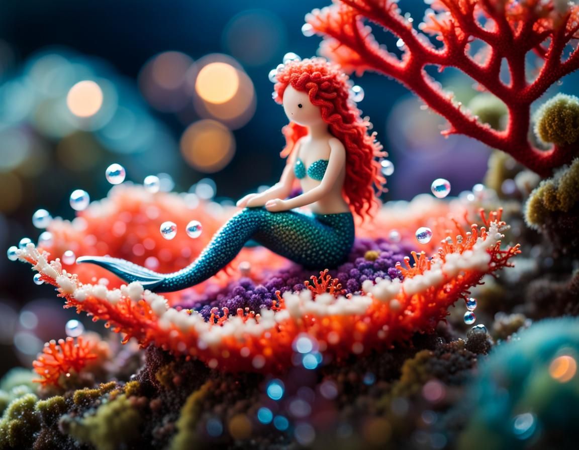 Knitted Mermaid Swimming Through Woolly Coral Reef