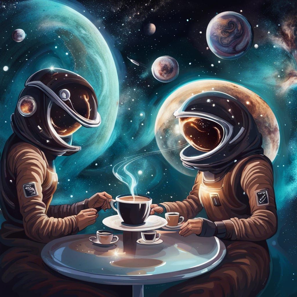 Coffee shop in outer space, swirling nebulae as the backdrop...