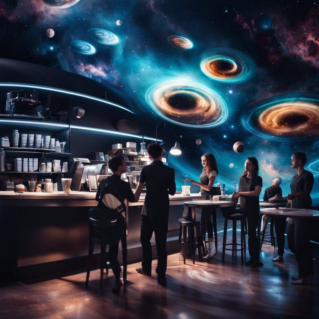 Coffee shop in outer space, swirling nebulae as the backdrop...