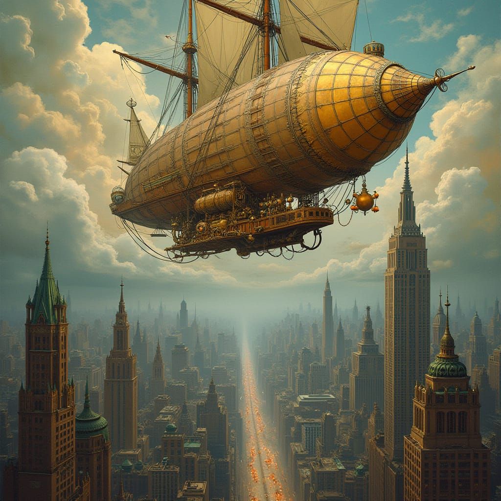 Steampunk Airship Soaring Above Victorian City