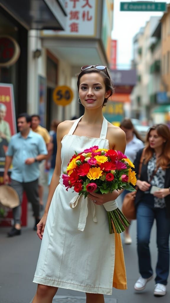 Woman Offering Flowers on Bustling Street