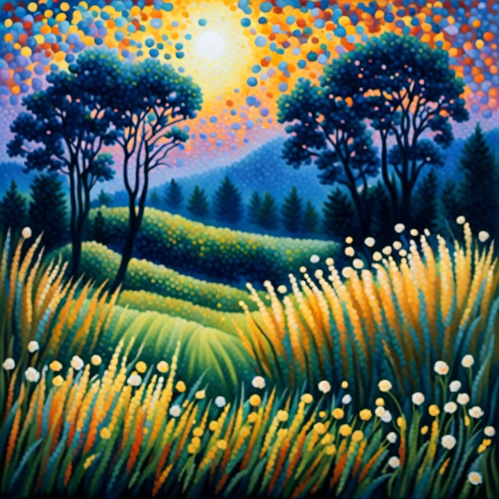 Dreamlike Meadow in Pointillism Style at Dusk