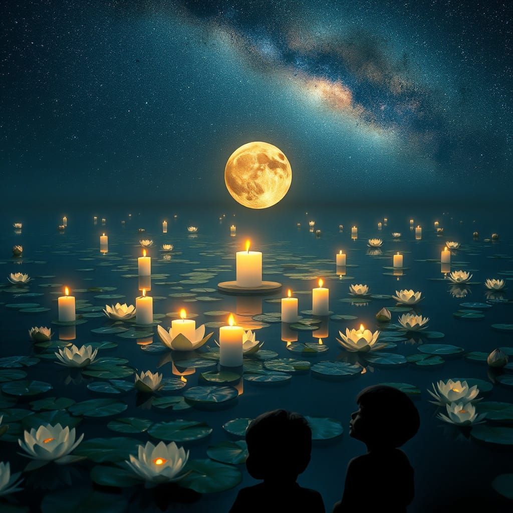 Whimsical Nocturnal Scene with Floating Candles and Water Li...