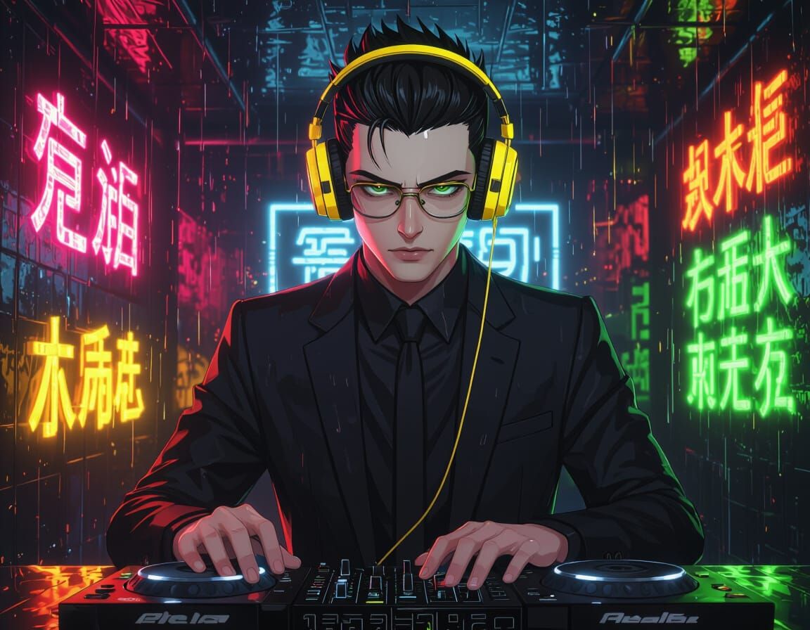 Anime DJ in Neon Obsidian Room, Hyperrealistic Style