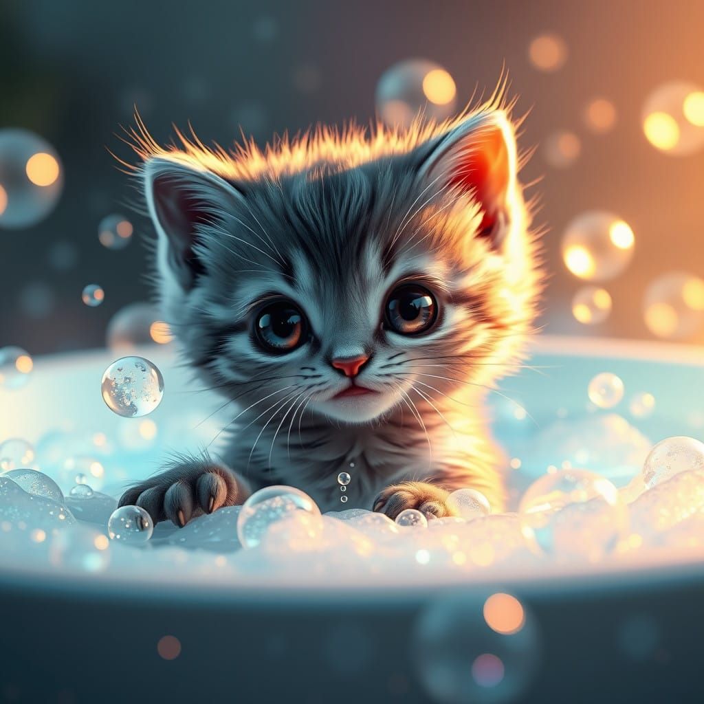 Kawaii Grey Kitten Plays in Vibrant Bubble Bath