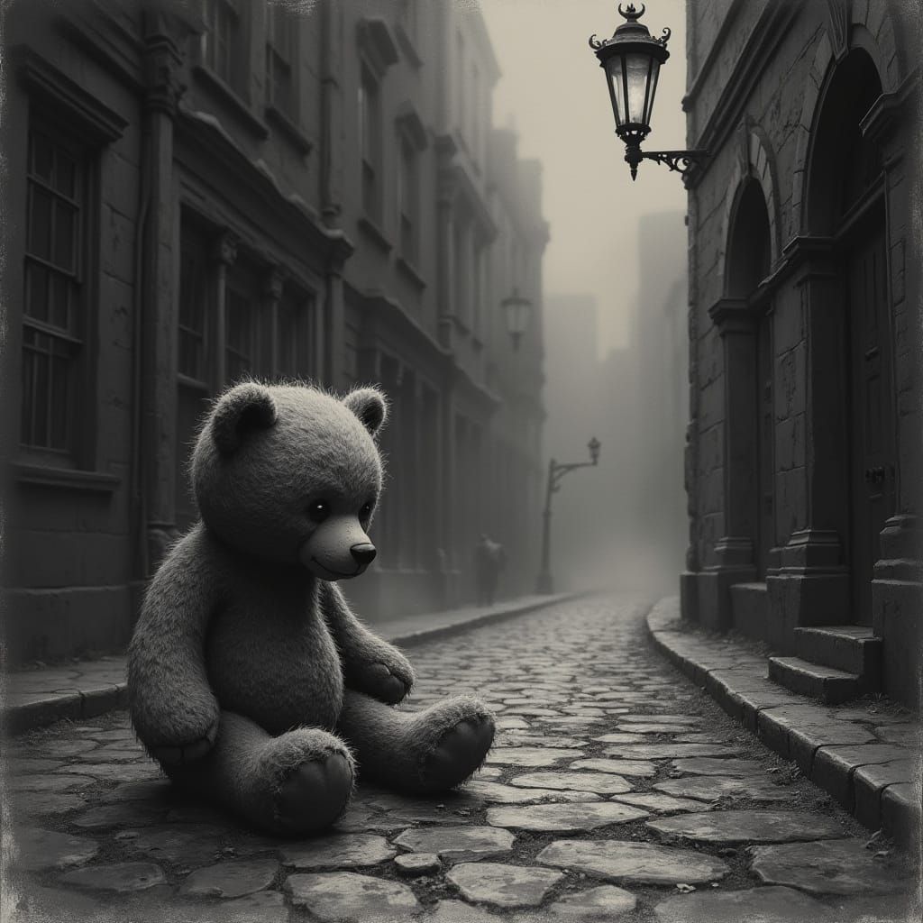 Tattered Teddy Bear on Cobblestone Path in Foggy Victorian S...