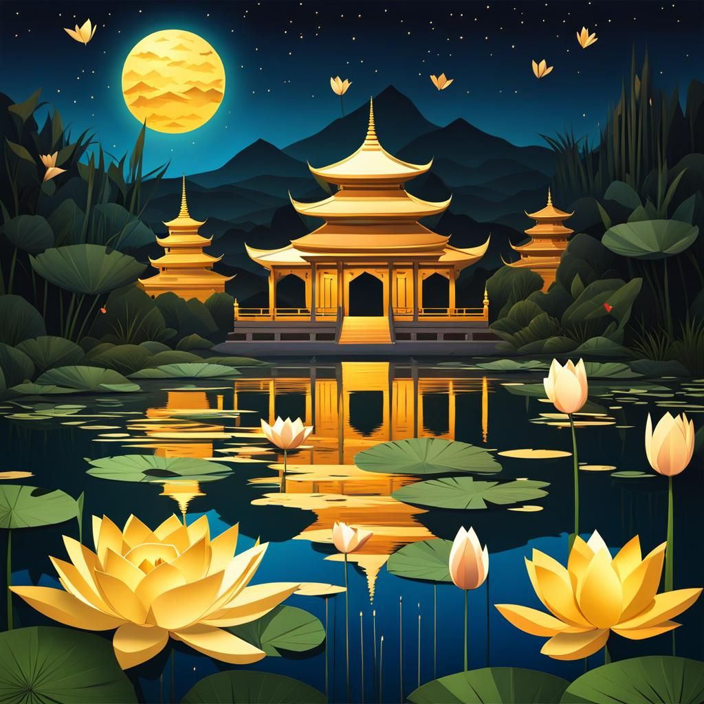 Night Temple Landscape with Fireflies