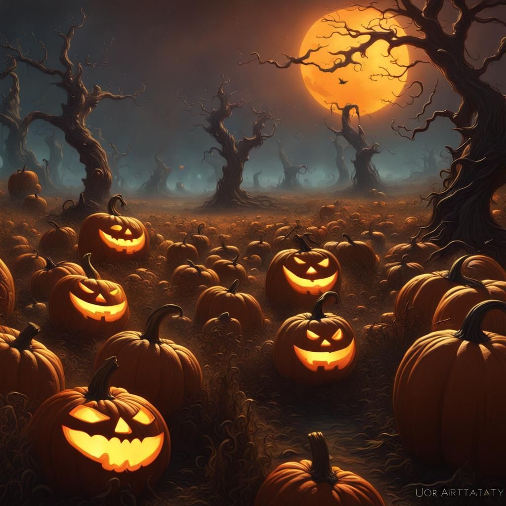 Halloween Pumpkin Field in Frazetta Style