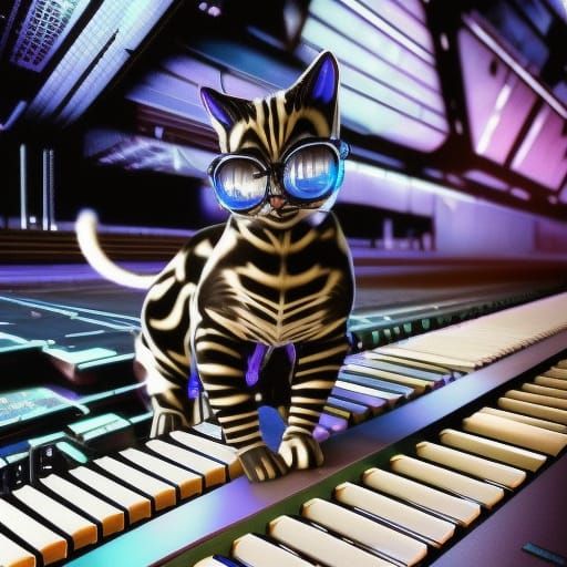 Cyberpunk Kitten Plays Keyboard in Futuristic Cityscape