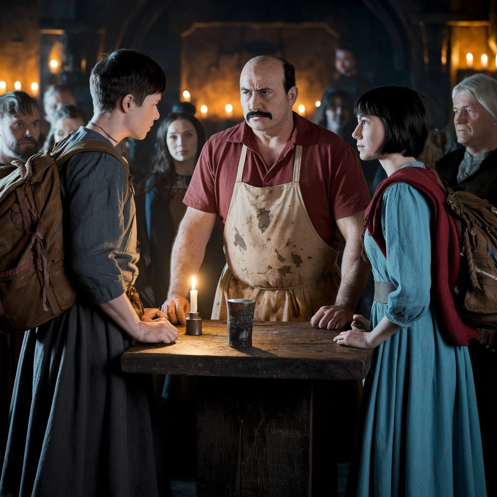 Tense Tavern Encounter in Medieval Setting
