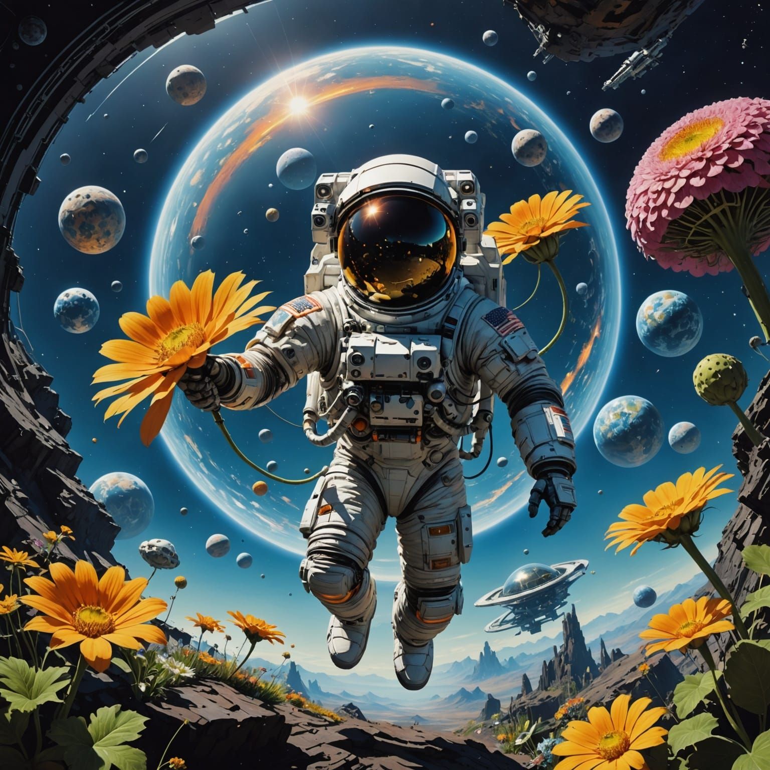 Astronaut Surrounded by Ethereal Alien Blooms in Zero Gravit...