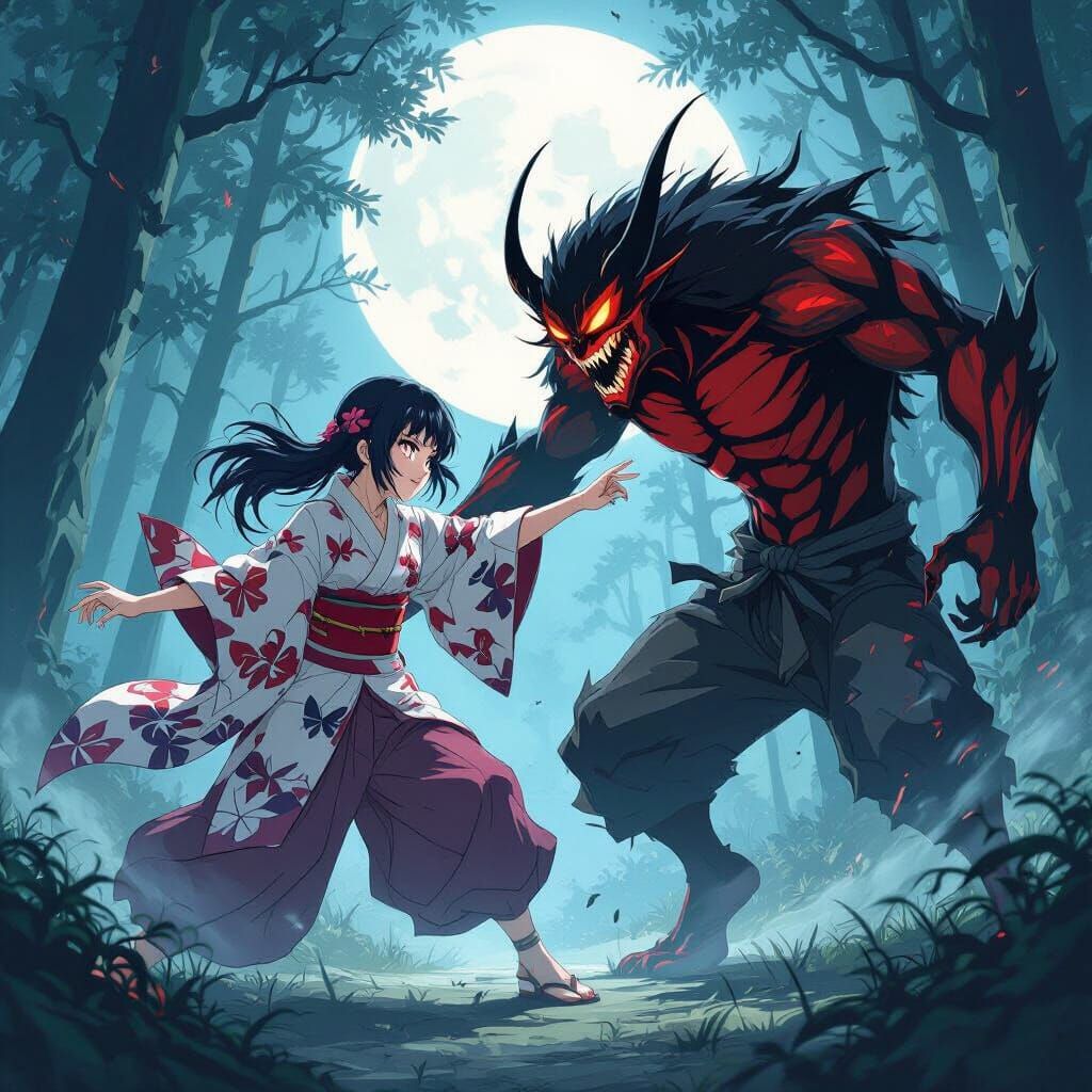 Anime Battle: Shinobu vs Demon in Moonlit Forest