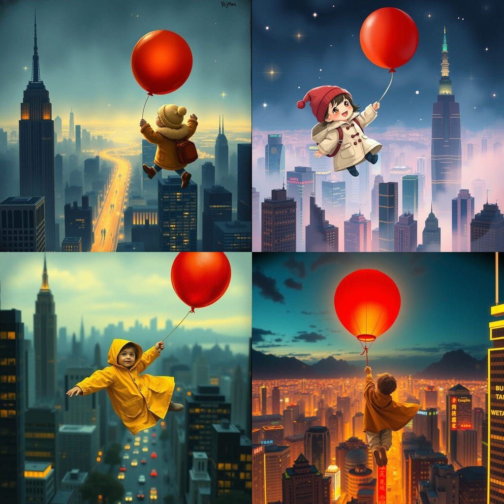 Child in Mid-Air Holding a Red Balloon over a Night Cityscap...