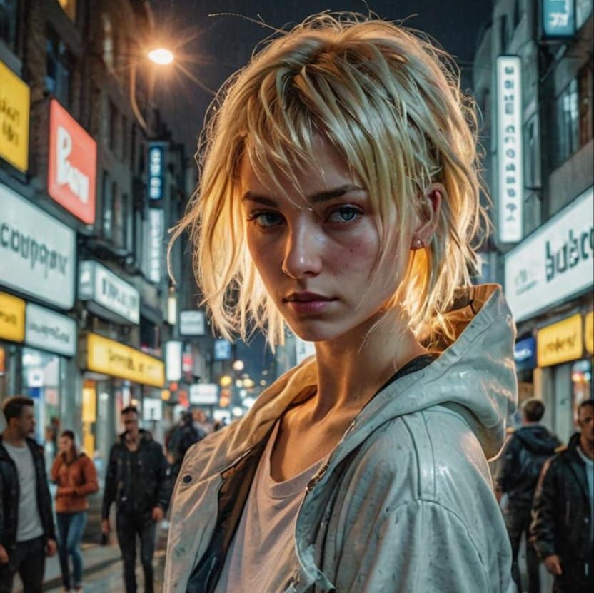 Neon City Portrait of Blonde Woman with Pixie Cut