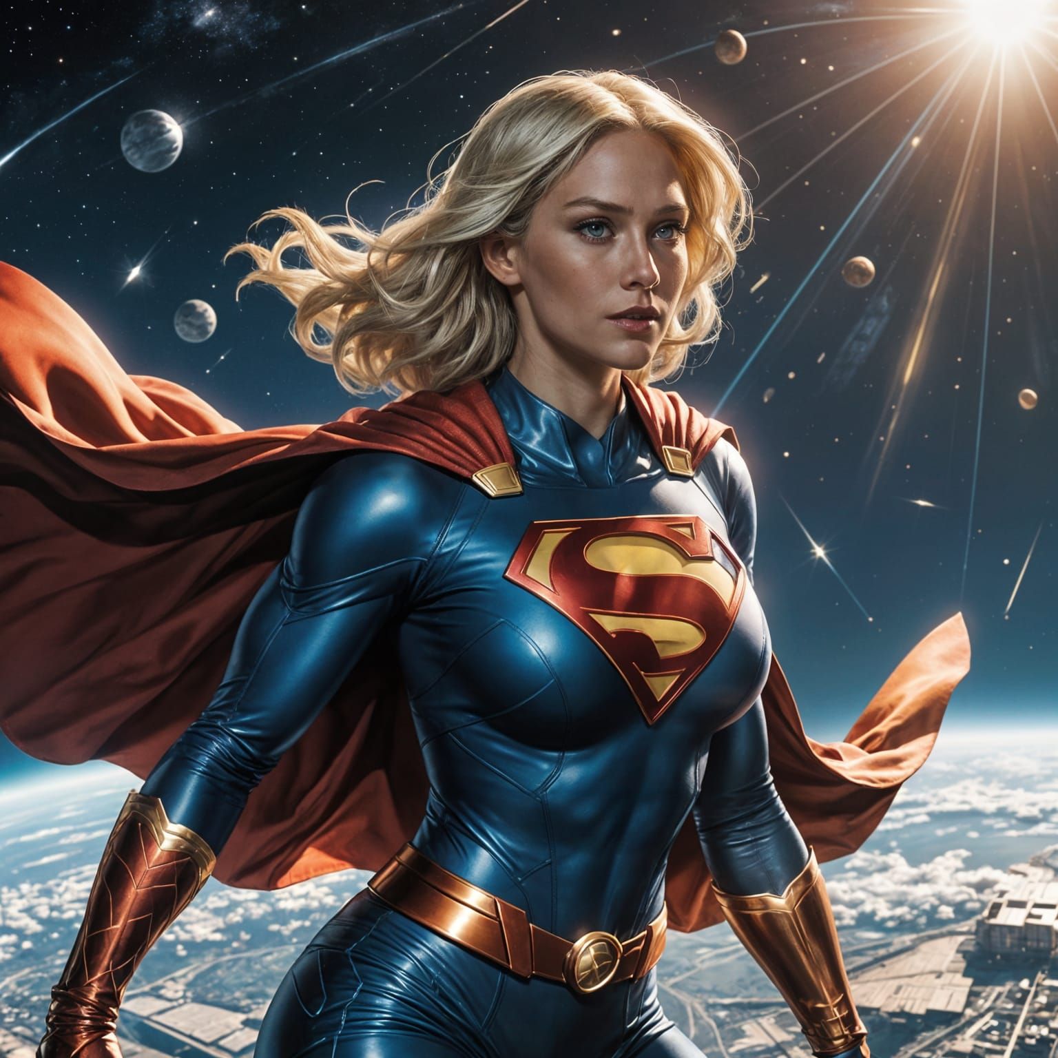 Cyberpunk Supergirl Explores Space Station with Cape