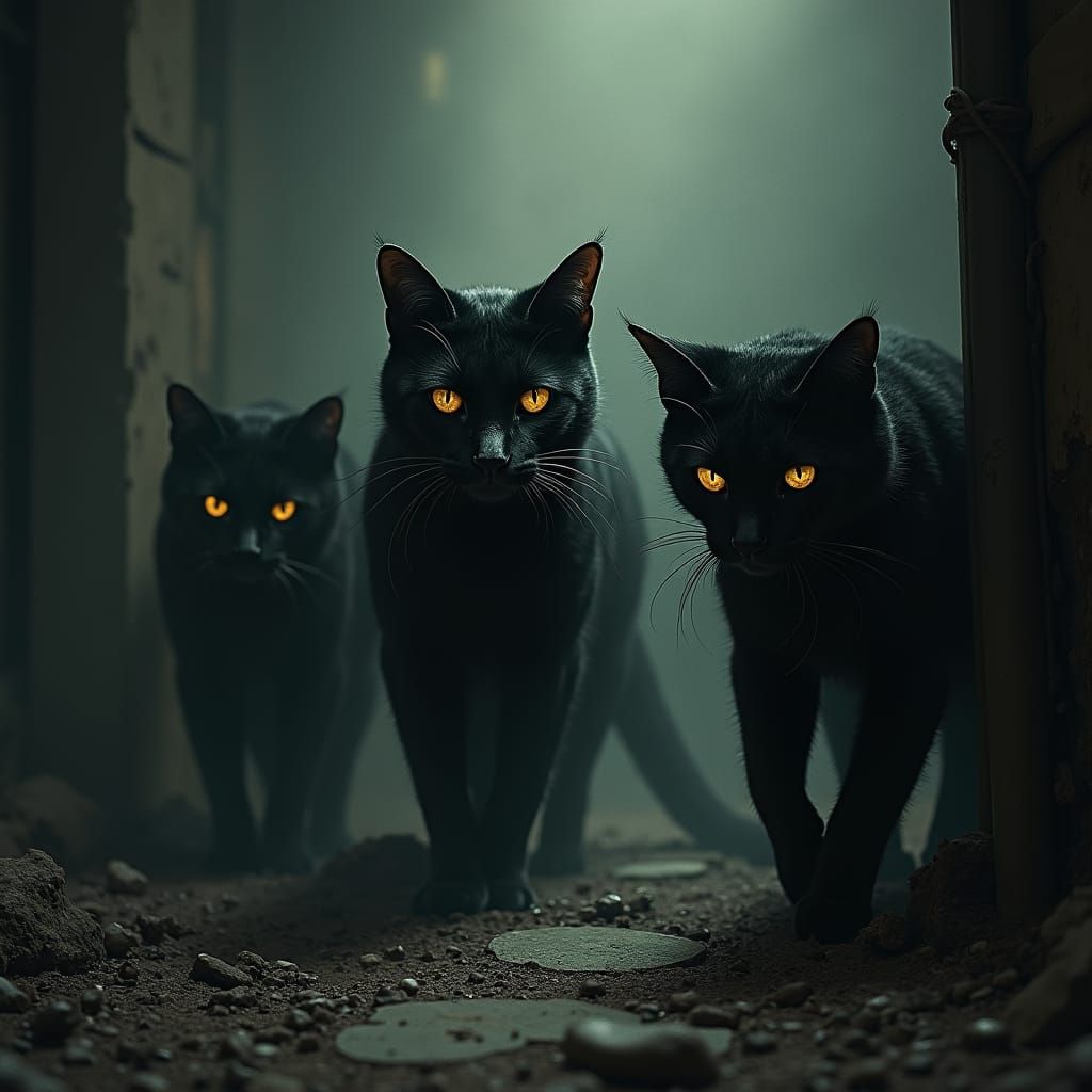 Eerie Cats Emerge from Shadows in Gothic Fantasy Style