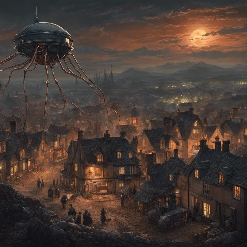 Martian Machine Over English Village: War of the Worlds