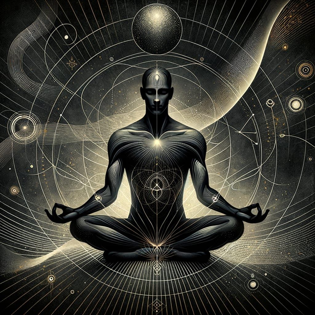 Digital Artwork of a Meditating Male Figure in Golden Charco...