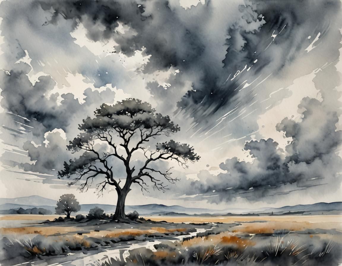 Abstract Gray Landscape with Lone Tree: Watercolor Style