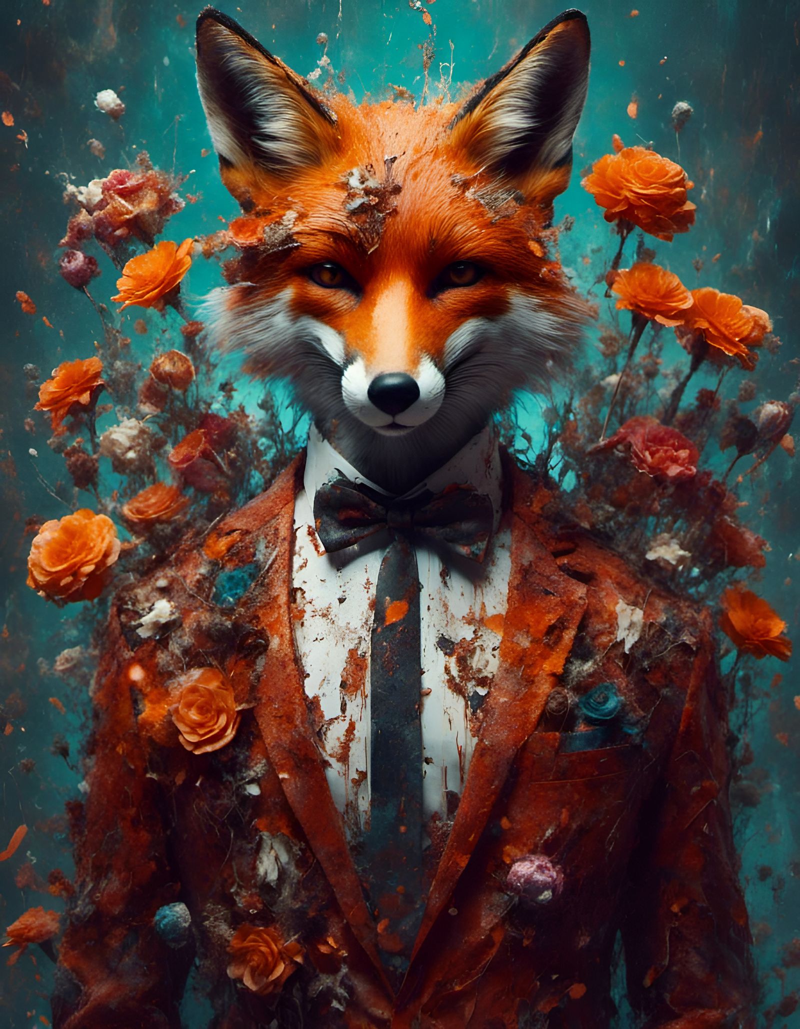 Fox in Suit with Decaying Flowers, Surreal Art