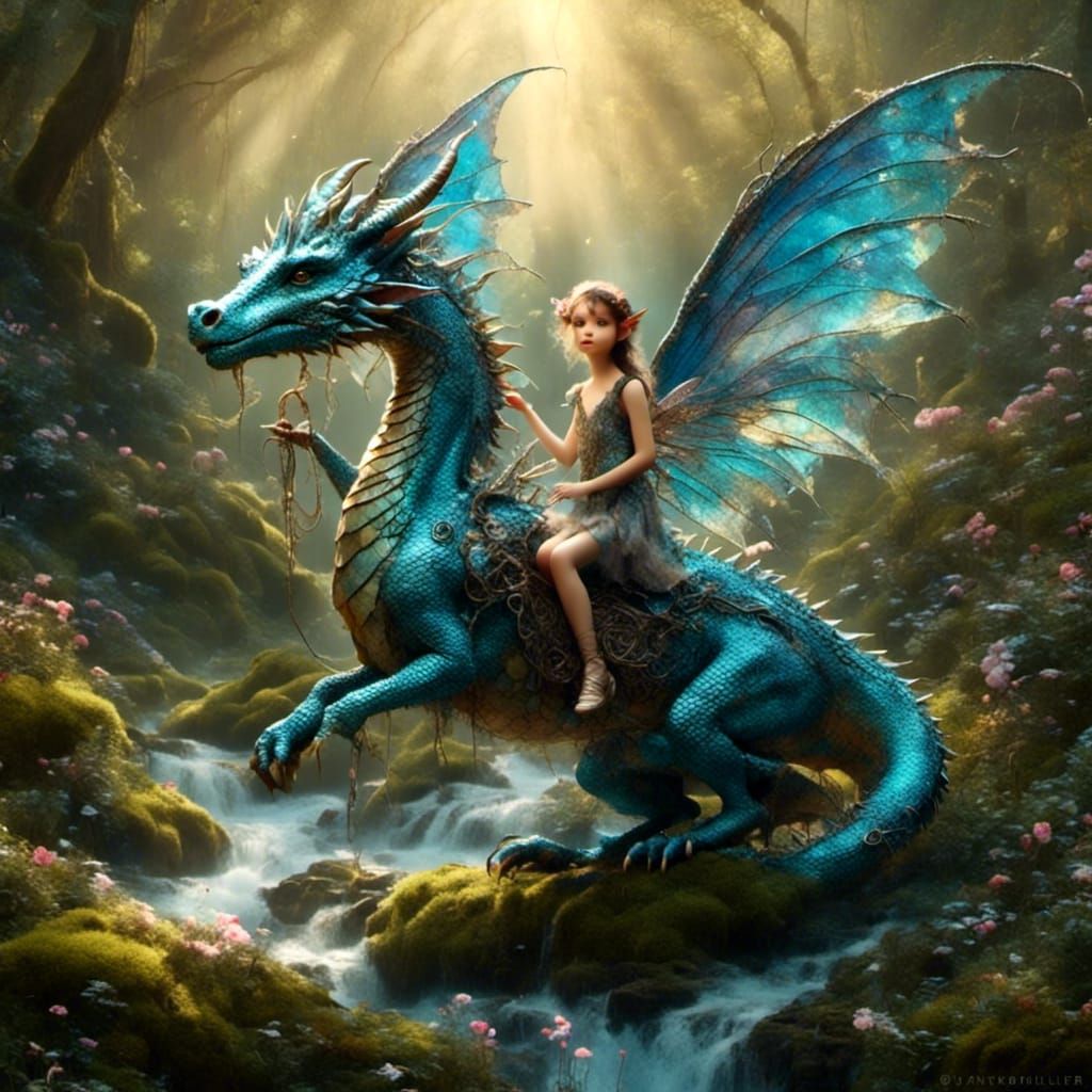 Fairy Riding an Iridescent Dragon