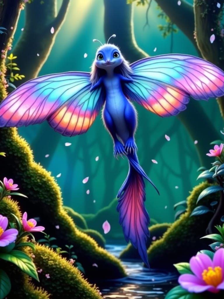 Vibrant Blue Fantasy Creature Amidst Glowing Flowers in Ench...