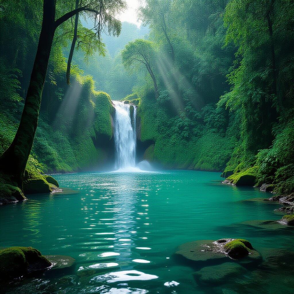 Serene River Landscape Painting with Dramatic Sunlight