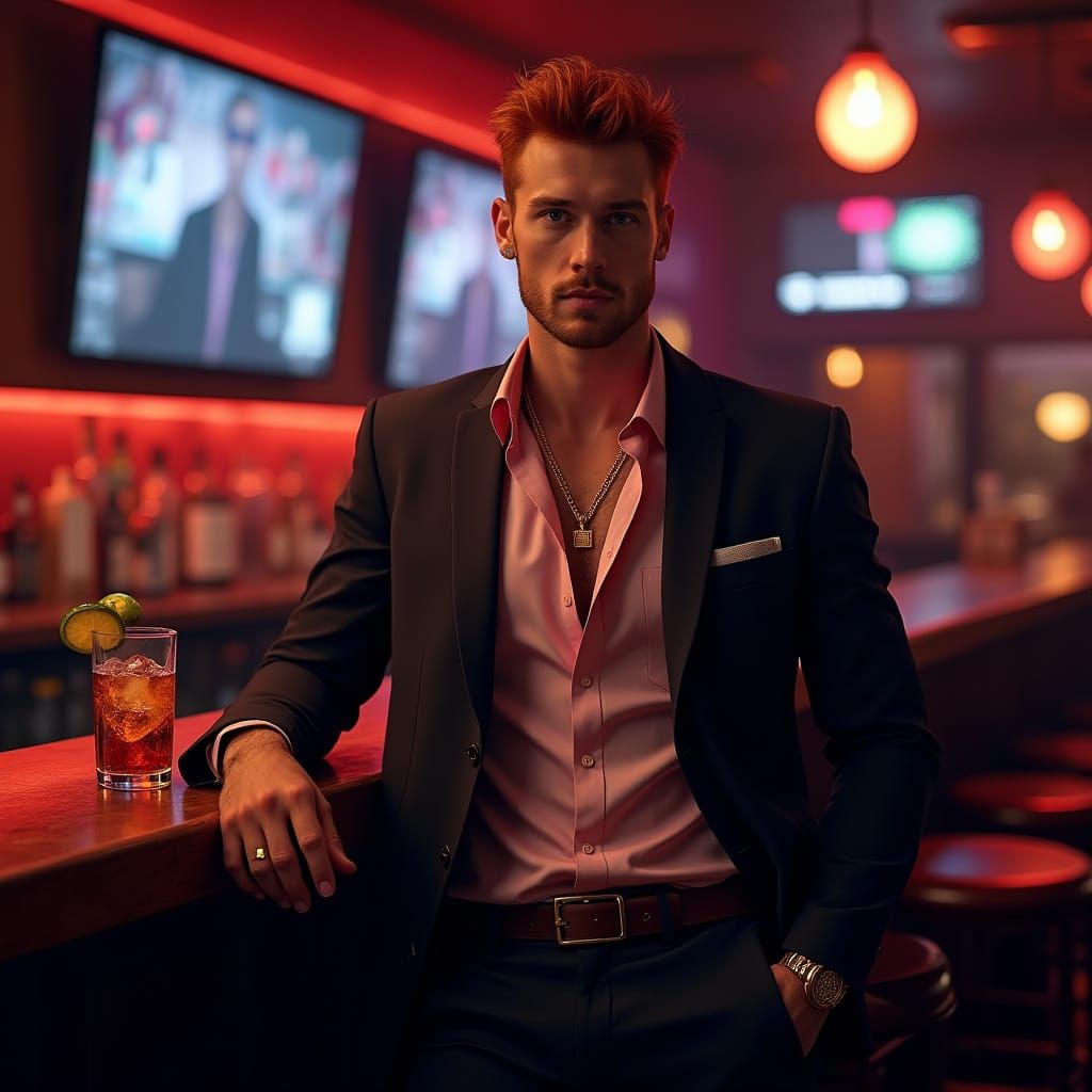 Athletic Red Haired Man in Blazer at Nightclub Bar