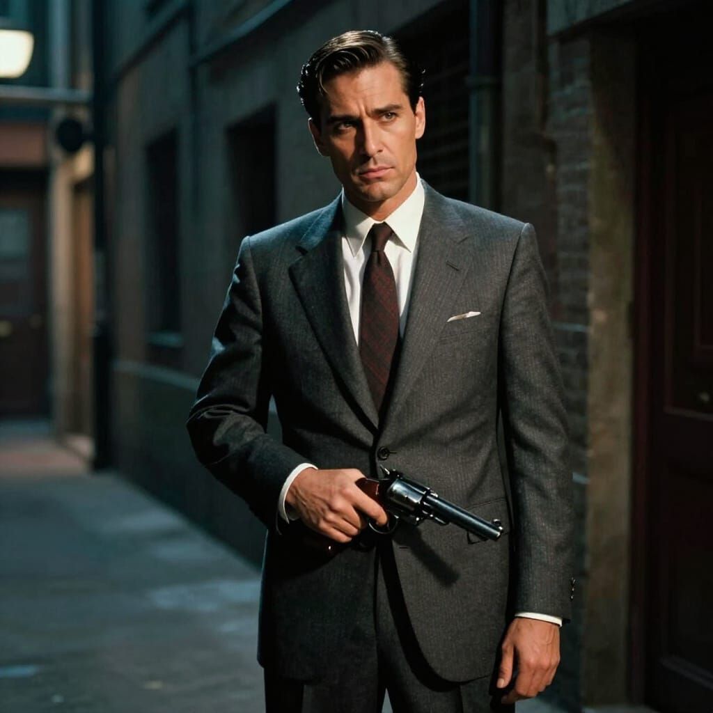Man in Suit with Revolver in Film Noir Alley