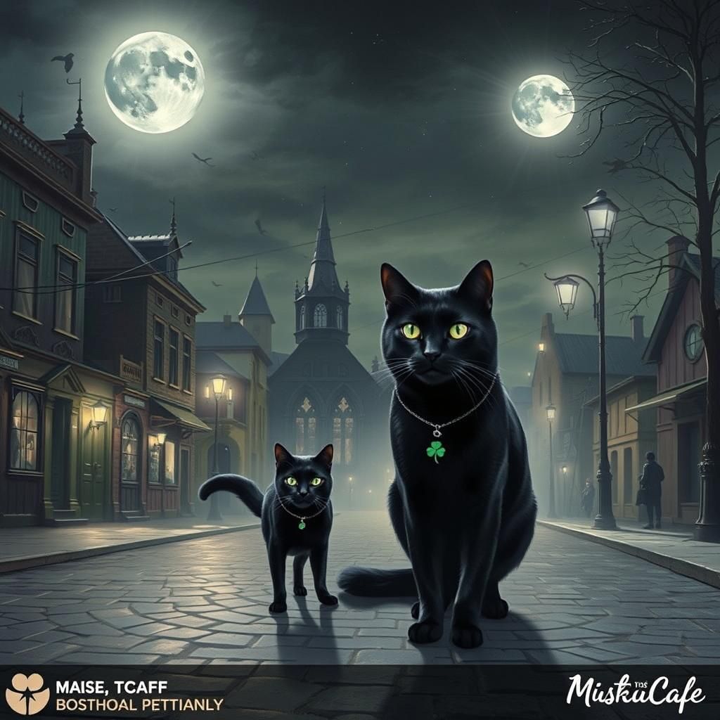 Black Cat with Clover Pendant in Mystical Realism