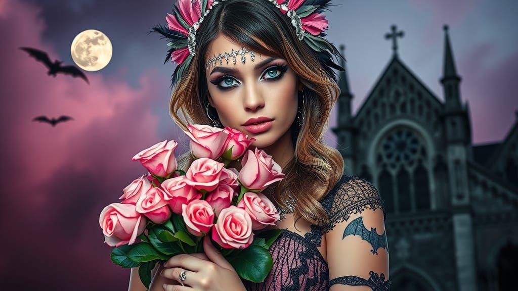 Gothic Woman with Roses in Black and White
