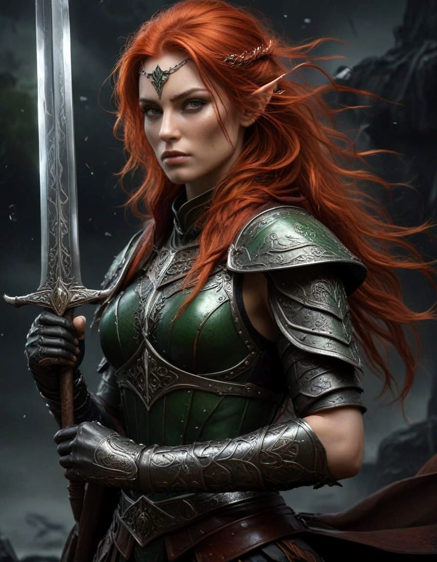 Sensual Elven Assassin with Fiery Hair and Emerald Eyes